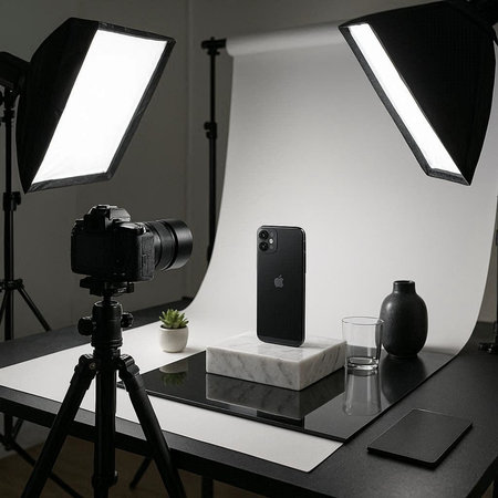 Smartphone with flash and lighting equipment on black table in photo studio