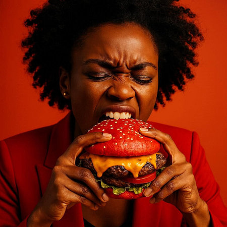 Portrait of a young african american woman eating burger on red backgroundの写真素材