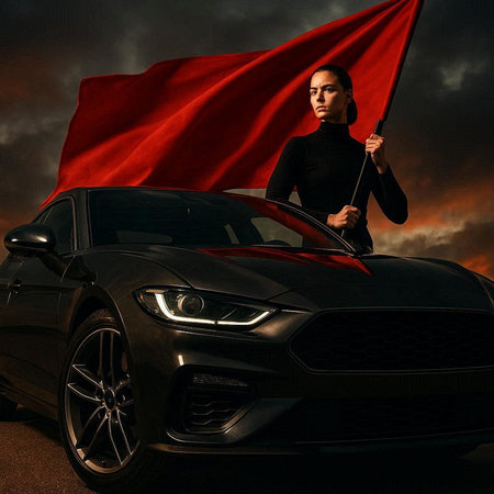Woman with red flag on the hood of a sports car. 3d rendering
