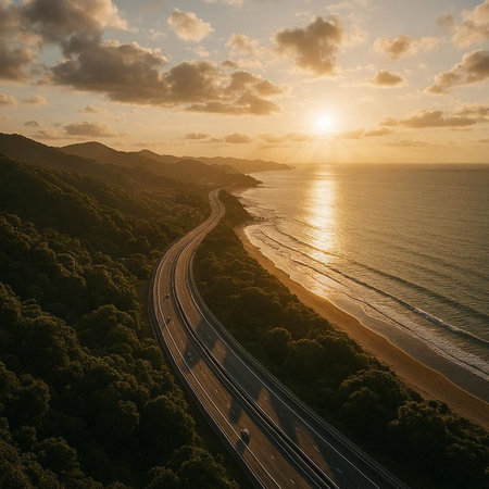 Aerial view of the road and sea at sunset. Drone photographyの写真素材