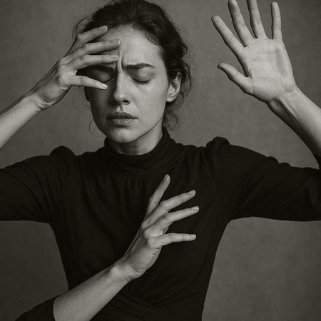 Black and white portrait of a young woman covering her face with her hands