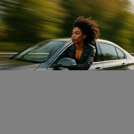 Beautiful african american woman with afro hairstyle, wearing black leather jacket, sitting in the...