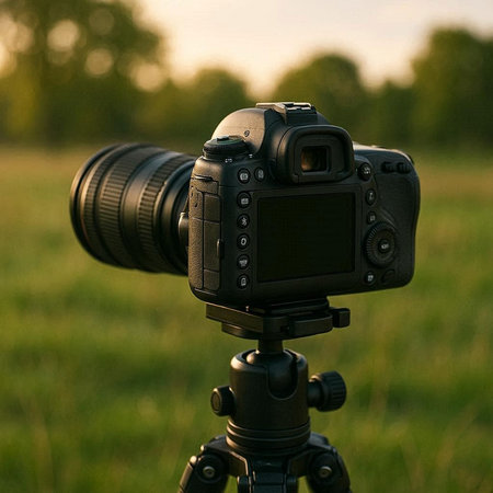 Digital camera on tripod in the field at sunset. Soft focus.