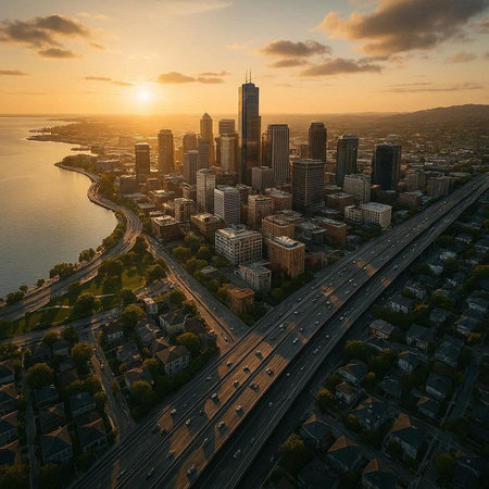 Aerial view of Chicago downtown skyline at sunset, Illinois, USA.