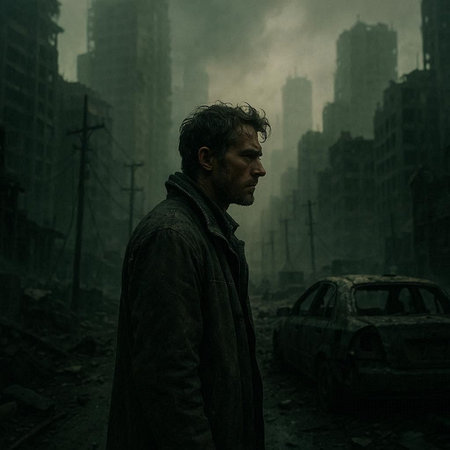Portrait of a man in the middle of a burnt city.