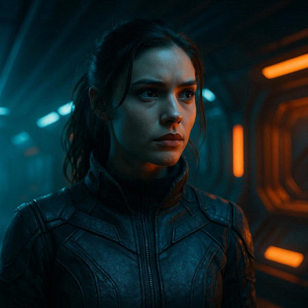 Portrait of a futuristic woman in a black leather jacket on a dark background