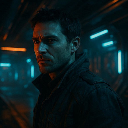 Portrait of a man in a dark tunnel with lights on.