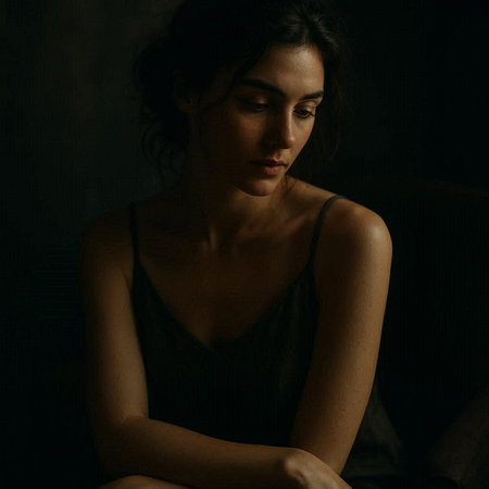Portrait of a beautiful young brunette woman in a dark room