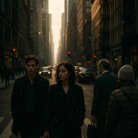 Young couple walking in the city at sunset. Man and woman in black coats.