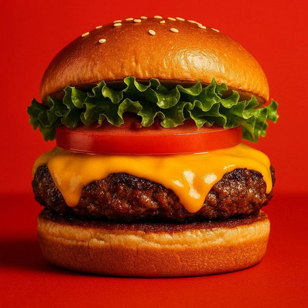 Big tasty cheeseburger on red background. Close-up.
