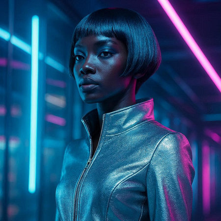 beautiful african american woman in leather jacket posing in neon light