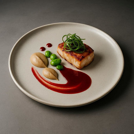 Grilled fish fillet on a white plate with tomato sauce and green peas