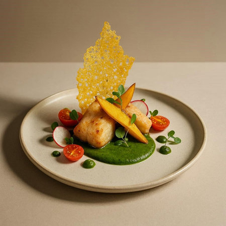 Fish fillet with vegetables on a white plate on a gray background