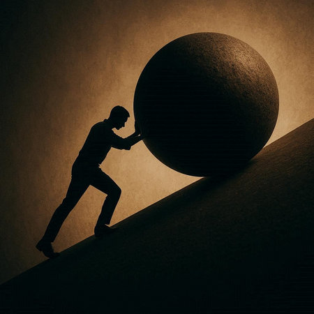 Silhouette of a businessman pushing a big ball on a wallの写真素材