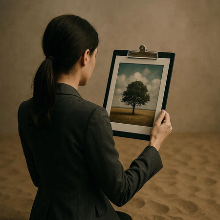 Young businesswoman holding a tablet with a picture of a tree in the desertの写真素材