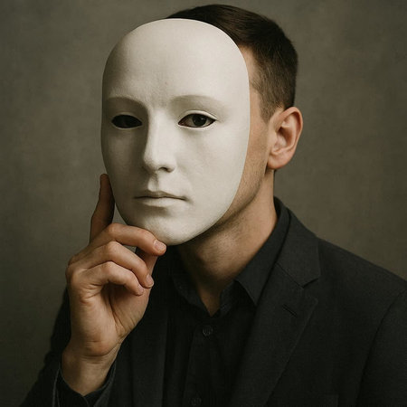 Man in black shirt with white mask on his face. Studio shot.
