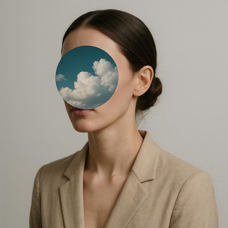 Woman face with cloud shape on her eye, isolated on grey background