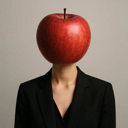 Woman with a red apple instead of her head on grey background.