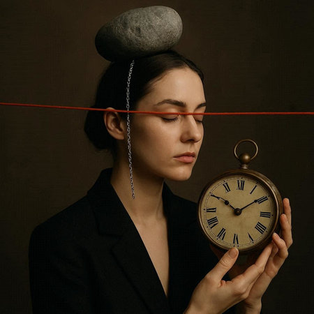 Portrait of a beautiful young woman in a black suit with a clock in her hands