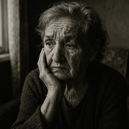 Portrait of an elderly woman at home. Black and white photo.
