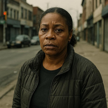 Portrait of an African-American woman in a city street.