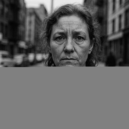 Portrait of an old woman in the city. Black and white.