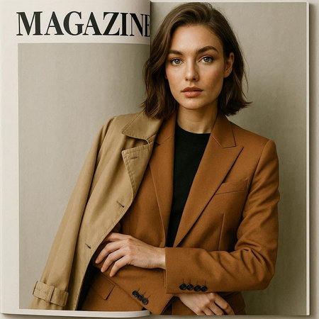 Stylish young woman in a beige trench coat. Studio fashion portrait.