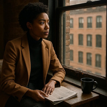 Portrait of a young african american woman reading a book and drinking coffee.