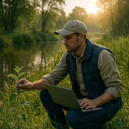Young man working on a laptop in a meadow at sunset.