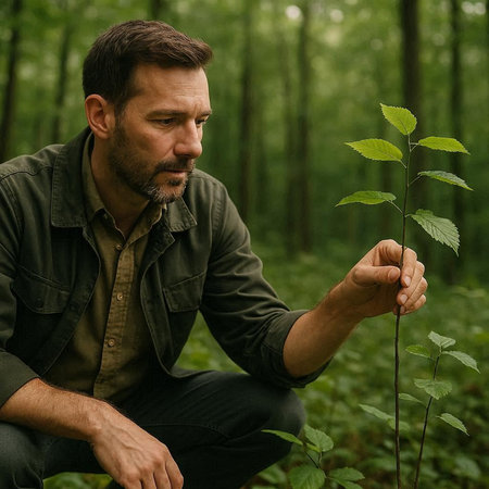Handsome man with beard and mustache in green shirt and jeans sitting in the forest and holding a...