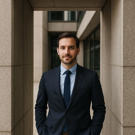 Portrait of a handsome businessman in a suit standing outside the office building