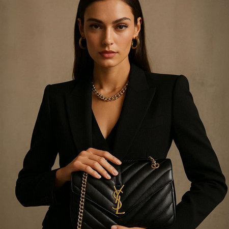Portrait of a beautiful brunette woman in a black suit with a black handbag