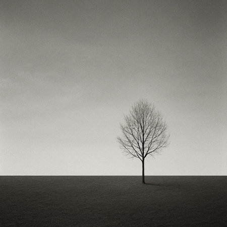 Lonely tree in a field. Black and white image.