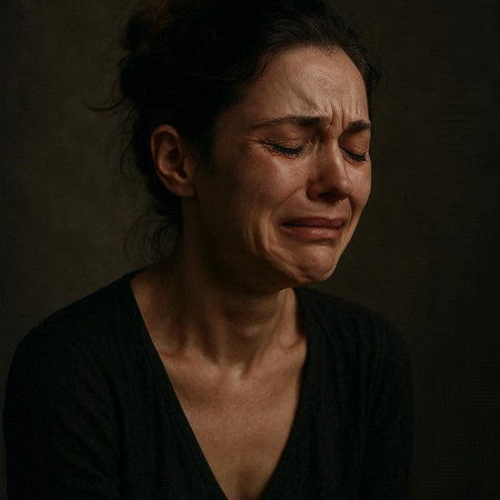 Portrait of a middle-aged woman in a dark background.