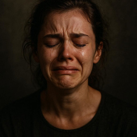 portrait of a woman crying on a dark background in the dark