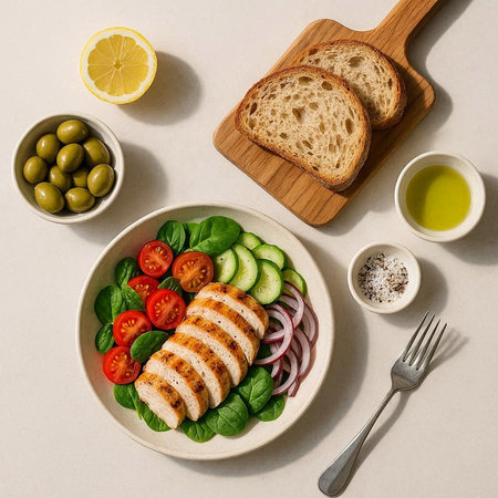 Healthy salad with chicken fillet, tomatoes, cucumbers, olives and spinach on white background