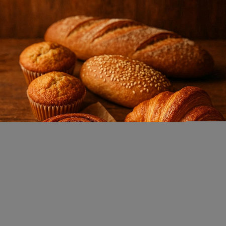 Bakery products on a wooden background. French croissants and muffins.