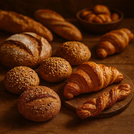 Freshly baked croissants and baguettes on wooden background