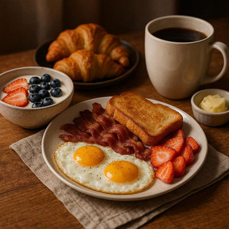 Breakfast with fried eggs, bacon, berries and croissants