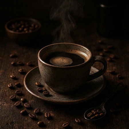 Coffee cup with coffee beans on dark wooden background. Selective focus.