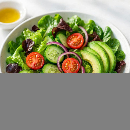 Fresh salad with avocado, cucumber and red onion on white background
