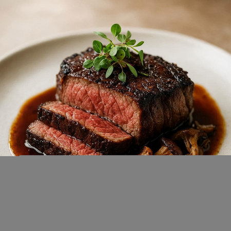 Grilled beef steak with mushrooms and thyme on white plate.
