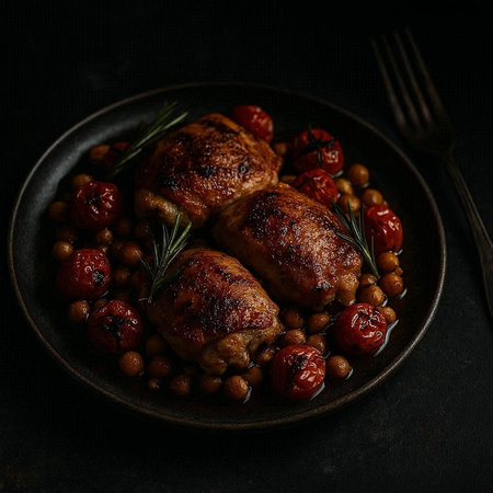 Roasted chicken thighs with chickpeas and rosemary on a black background.