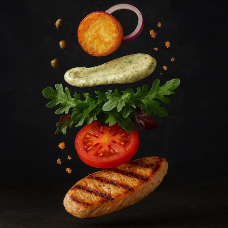 Grilled chicken fillet with vegetables on black background. Creative food concept