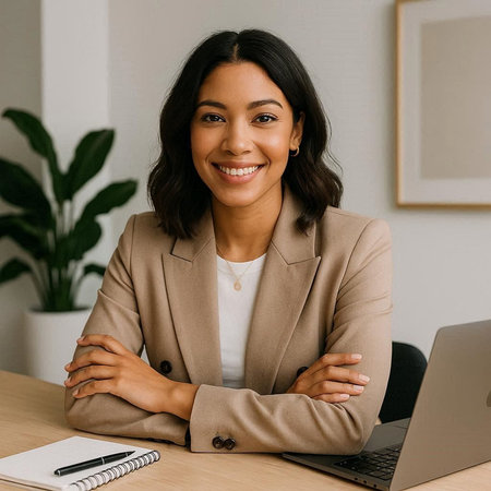 cheerful african american businesswoman smiling at camera in office