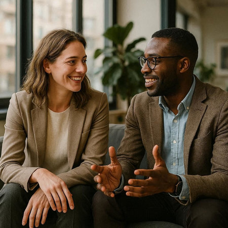 Smiling multiethnic businesspeople sitting on couch and talking in office