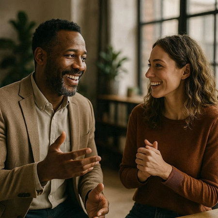 smiling african american man and caucasian woman talking in cafe