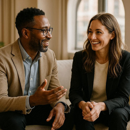 Portrait of a smiling business couple sitting on a sofa at home