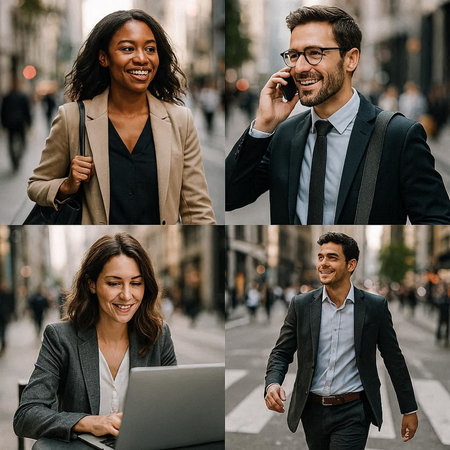 collage of smiling businesswoman and businessman talking on smartphone and using laptop in city