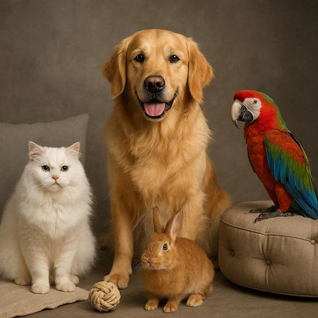 Golden Retriever, cat, dog and macaw in studio